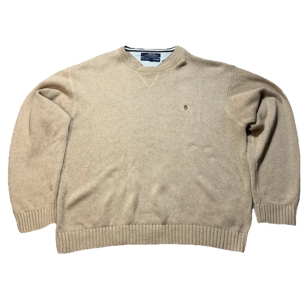 Tommy Hilfiger Sweater Mens XXL Beige Crewneck Knit Cotton Logo